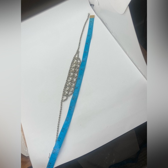 Vtg Rhinestone Double Row Silver Tone Metal Bib Necklace w Hook Clasp / 11” - Picture 9 of 10